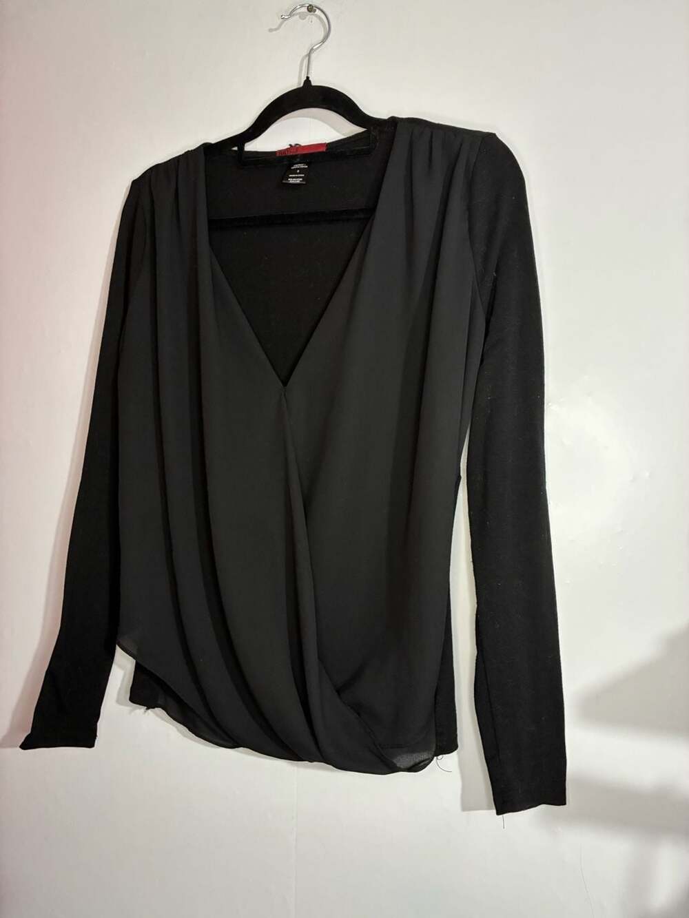BKE red Black Long Sleeve Surplice Chiffon Overlay Drape Top Size S